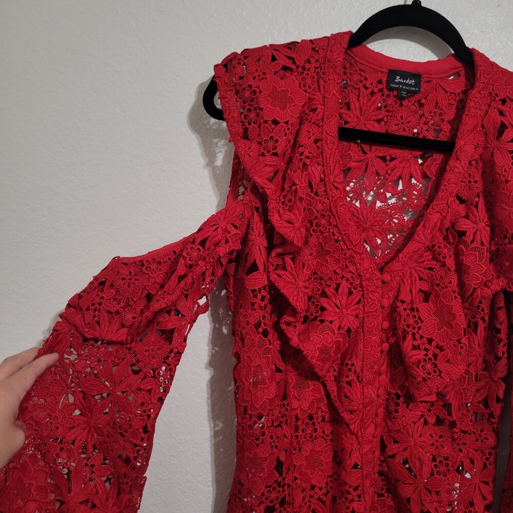 Bardot Red Lace Cold-Shoulder Ruffled Blouse - Picture 6 of 13